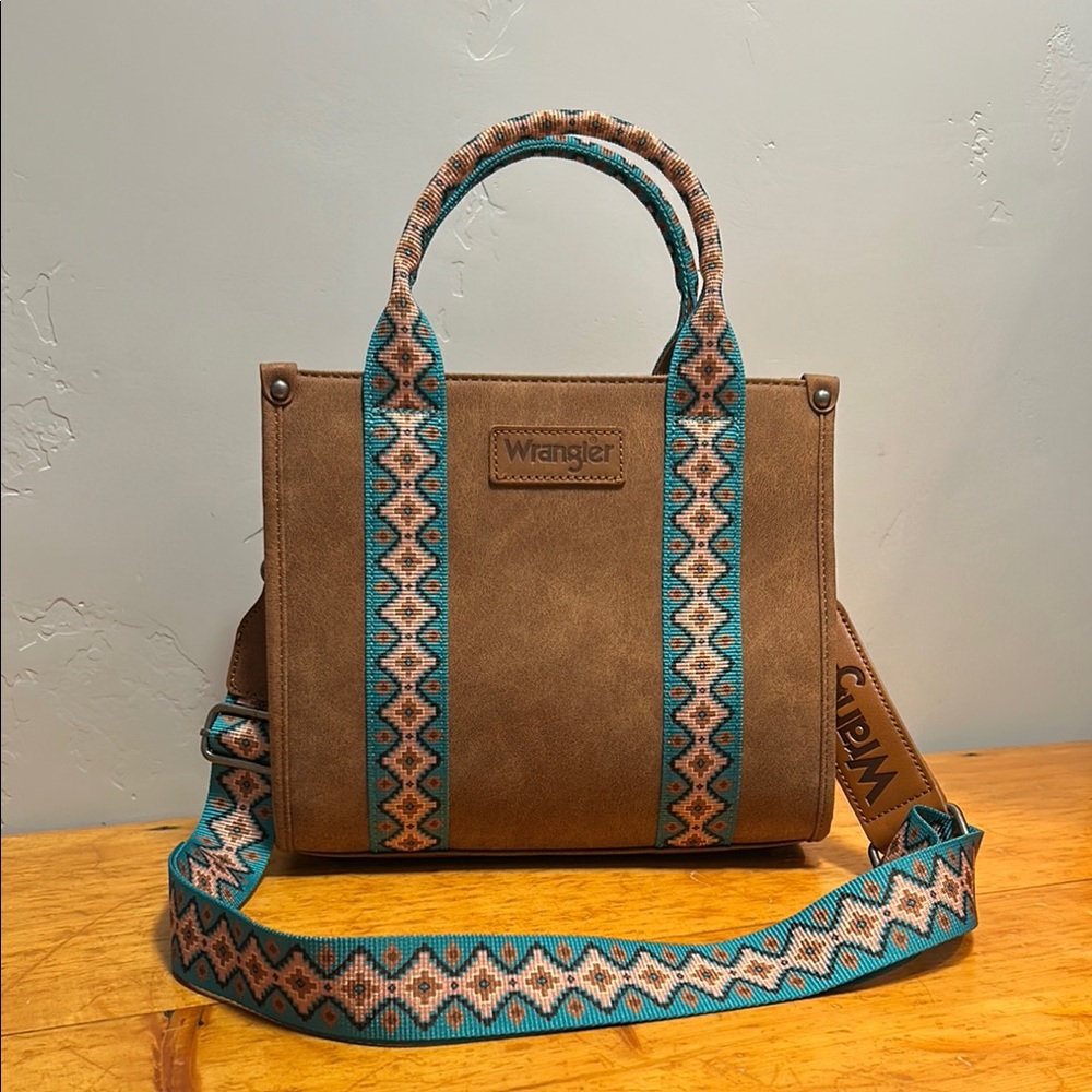Wrangler Brown and Blue Tote with Geometric Trim